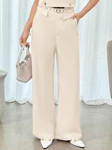 Conjunto liso de 2 piezas de chaleco cruzado y pantalones holgados con cinturón de moda para mujer - Beis - Ver 4