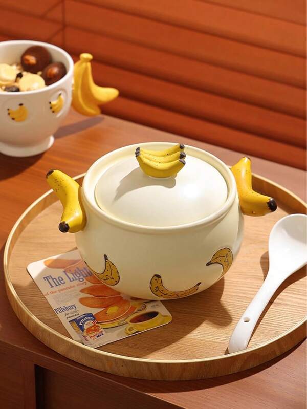 1 pieza Olla de cazuela con forma de plátano creativa, olla para fideos instantáneos con doble asa, adecuada para cocinar gachas/arroz braseado, utensilios de cocina resistentes al calor, apta para entusiastas del servicio de alimentos, utensilio para cocción/vapor en el hogar