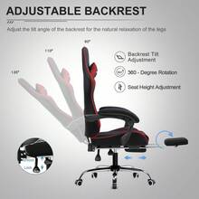 Fabric Gaming Chair, Massage Ergonomic Computer Chair With Footrest, Lumbar Support, Headrest, Height Adjustable Home Office Reclining PC Racing Chairs, Red - Red - View 4