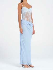 Women Patchwork Lace Cami Dress Slim Cut Out Sweetheart Neck Spaghetti Strap Backless Long Dress For Party Club