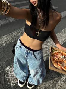 Jeans a vita alta ripped dalla gamba a barile stile Y2K - Jeans a vita alta e gamba ampia con taglio a lama di rasoio, pantaloni a falce