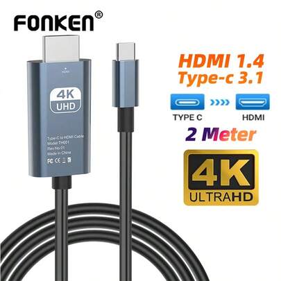 Type-C 3.1 转 1.4 线缆，4K 30Hz 高清电视线缆适配器，高速投影线缆，适用于智能手机和平板电脑