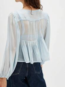 Women Boho Sheer Mesh Shirt Top Y2k Lace Trim Long Sleeve Ruched Front Tie Up Ruffle Hem See Through T Shirts Crop Tops Loose Fit Flowy Boho Peplum Tees Shirts Summer Going Out Tops Blouse Coquette Clothes Beach Vacation Wear - Màu xanh lam - Xem 2