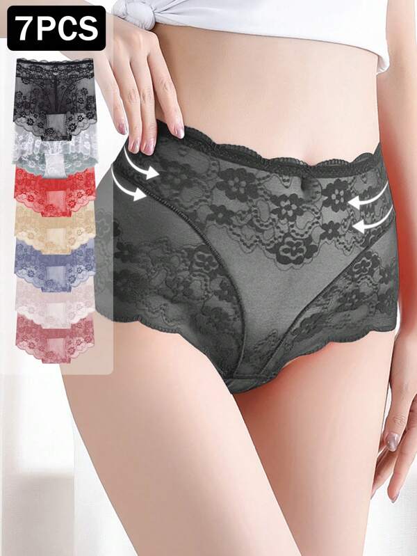 7pcs/Pack Sexy Lace High-Waist Sheer Panties, French Cut Triangle Briefs For Plus Size Women, Lightweight Elastic Fitting Comfortable
