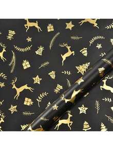 6 Stücke Weihnachtsgeschenkpapier mit Folie, Vintage Schwarz Gold Hirsch, Schneeflocke, Weihnachtsbaum Geschenkverpackung