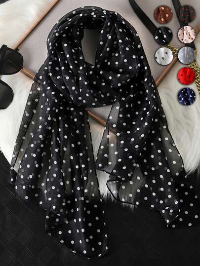 1条女士优雅简约经典波点印花雪纺小围巾，透气轻盈，适合休闲佩戴和防晒，也可作为连衣裙丝巾。