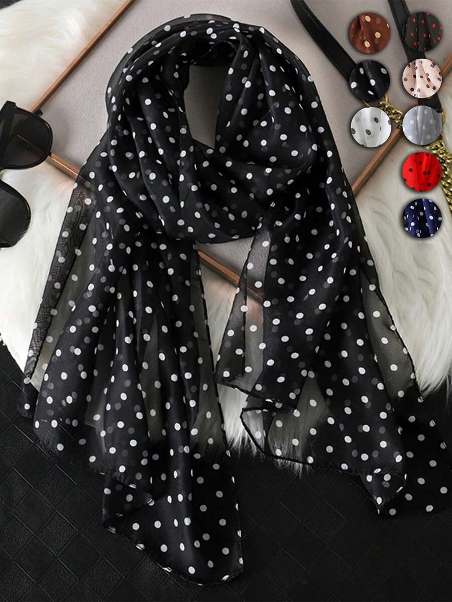1条女士优雅简约经典波点印花雪纺小围巾，透气轻盈，适合休闲佩戴和防晒，也可作为连衣裙丝巾。 - 波點小雪紡 - 查看 1