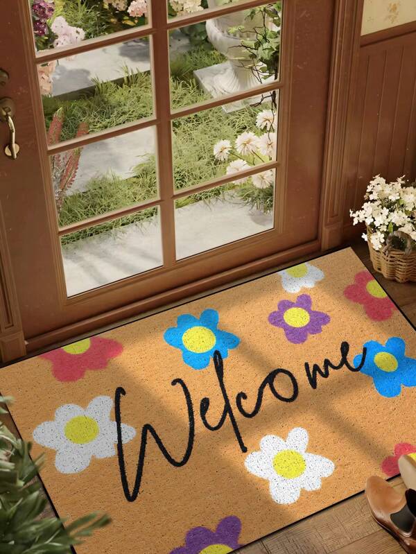 1 Stück mehrfarbiger blumiger Willkommensmuster Fußmatte mit gelbem Hintergrund, einfacher rustikaler rutschfester Eingangsteppich, maschinenwaschbar aus Polyesterfaser, geeignet für Küche, Esszimmer, Flur, Badezimmer, Schlafzimmer, Heim- und Raumdekor, Teppich für alle Jahreszeiten