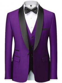 男士三件套西装，包括西装外套、马甲和西裤，商务正式修身弹力纯色西装，适合工作/晚宴/婚礼等场合穿着。 - 紫色 - 查看 2