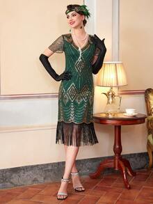 20世纪20年代的轻佻女郎连衣裙，《了不起的盖茨比》咆哮的20年代女性连衣裙，透明串珠袖子服装 - 綠色 - 查看 10