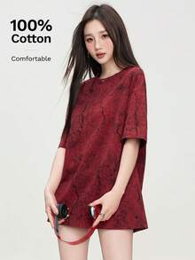 JUTU Loose Fit Round Neck Cotton T-Shirt, American Style, Casual Design, Craftsmanship, Women's Spring/Summer Tee - 0A41 Anchor Red - View 2