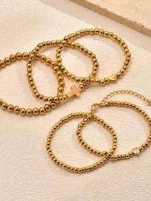 1 件简约不锈钢串珠手链，带心形和十字架吊坠，18K 镀金，适合女士，夏季 - 金黃色 - 查看 2