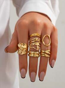 Set de 6 anillos con diseño asimétrico exagerado y abstracto de estilo vintage, anillos gruesos de color dorado con estilo punk y minimalista, ideales para el uso diario de las mujeres, regalos para vacaciones, fiestas y joyas de Charm