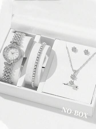 6PCS Ladies Stainless Steel Watch Strap Fashionable Rhinestone Dial Casual Elegant Style Quartz Watch + Necklace Set, Daily Decoration Wear, Party, Holiday Gift