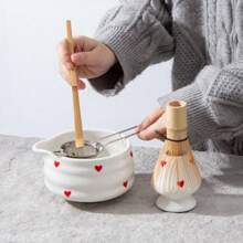 5pcs Matcha Whisk Set, Cute Pink Heart/Cherry Blossoms Ceramic Matcha Bowl With Whisk Set, Japanese Tea Set Includes Matcha Bowl With Spout, Matcha Whisk Holder, Bamboo Matcha Whisk, Scoop, Sifter, Ceramic Matcha Kit For Tea Lovers