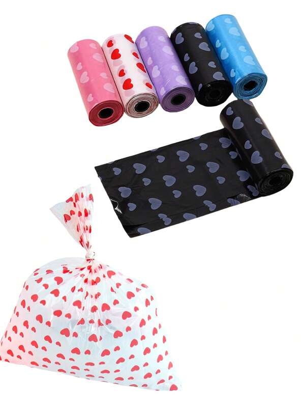 5 rouleaux de sacs à déchets pour animaux de compagnie en forme de cœur, 75 pièces au total (1 rouleau = 15 pièces, taille ouverte 30x22 cm), pratique pour le nettoyage des animaux de compagnie à l'extérieur, peut être utilisé comme sacs à ordures pour voiture