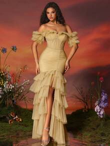 VIPGIRL Off Shoulder Mesh High Slit Ruffle Hem Evening Gown Maxi Dress - 黃色 - 查看 3