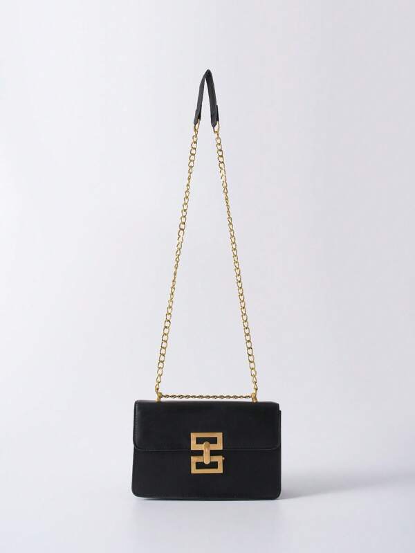 Minimalist Metal Decor Chain Shoulder Bag Elegant PU Crossbody Bag, Flap Shoulder Bag,Women's Fashion Handbag & Phone Purse