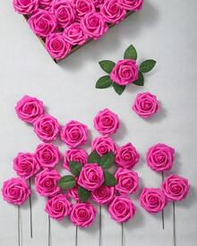 25Pcs Artificial Roses Flowers Fake Roses With Stems Real Touch Foam Flowers For DIY Wedding Bouquet Baby Shower Centerpiece Floral Arrangement Party Home Decor(Dark Red) - Hot Pink - View 3