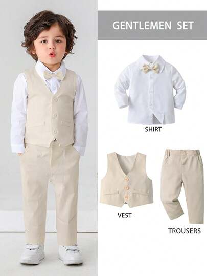 3pcs Baby Boys Gentleman Outfit Set: Long Sleeve White Shirt With Bow Tie, Vest And Pants, Fashionabantic For Birthday Party, Wedding, 1st Month/Year Celebration