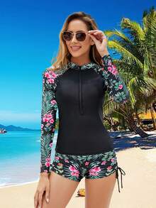 Traje de baño de dos piezas de manga larga con estampado floral - Flor negra - Ver 1