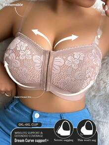 Plus Size Lace Patchwork Wireless Front Closure Comfortable Bra - Apricot - View 1