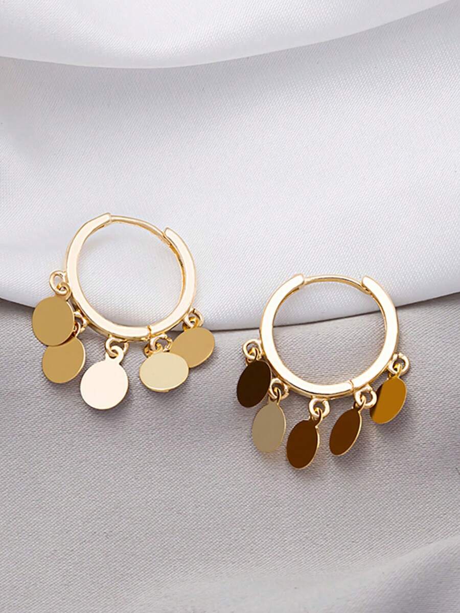 1 Pair Metal Disc Tassel Hoop Earrings - Yellow Gold - View 1