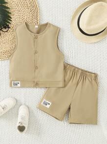 2pcs/Set Boys Summer Outfit - Sleeveless Vintage Vest & Shorts Set, Casual Toddler Clothes For Park, Beach, Daily Wear (Age 4-7 Years)