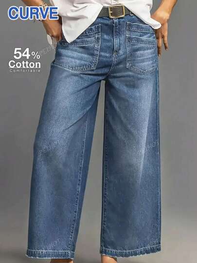 Plus Size Wide Leg Jeans - Stretchy Rayon, Vintage Wash, Cropped, Button Fly, Casual Weekend Jeans For Women, Casual Wear Vintage Wash Jeans
