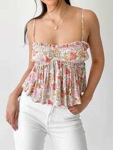 Women Y2k Peplum Cami Top Floral Print Spaghetti Strap V Neck Ruffle Hem Babydoll Tank Tops Summer Boho Flowy Crop Top Aesthetic Going Out Camisoles Streetwear - 黃色 - 查看 2
