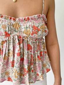 Women Y2k Peplum Cami Top Floral Print Spaghetti Strap V Neck Ruffle Hem Babydoll Tank Tops Summer Boho Flowy Crop Top Aesthetic Going Out Camisoles Streetwear - 黃色 - 查看 3