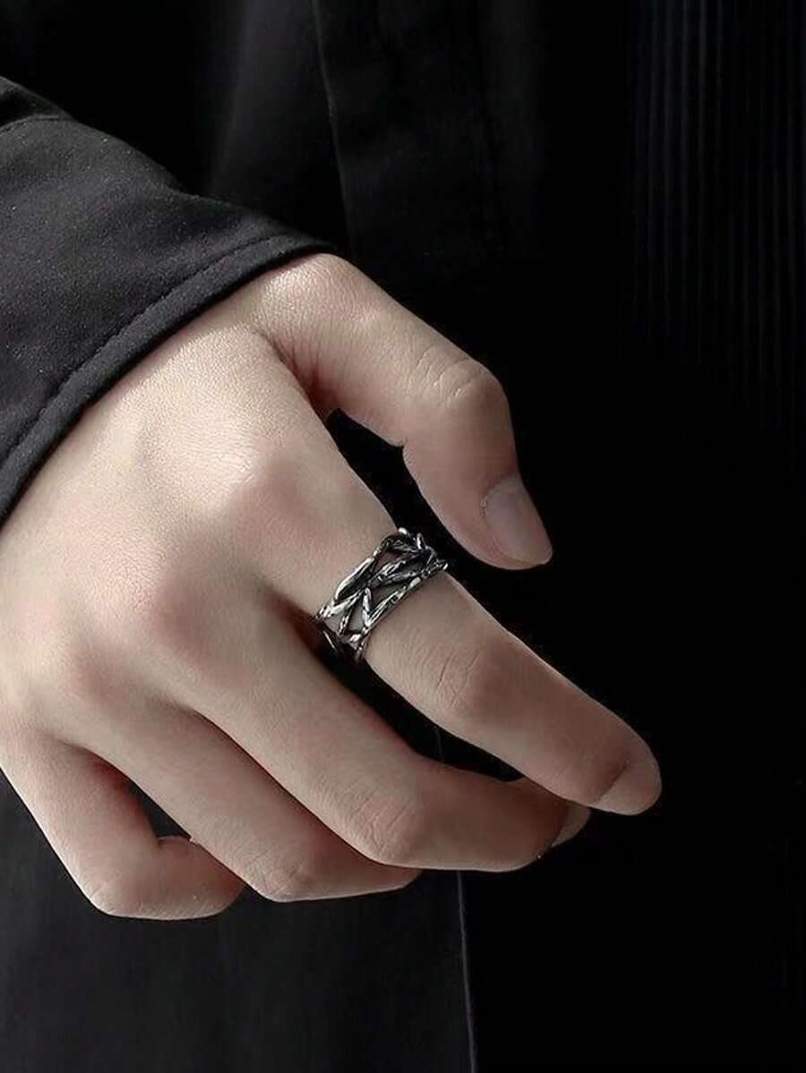 Y2k 银荆棘戒指 尖刺铁丝网戒指 独特几何戒指 开口可调节戒指 哥特式街头风戒指 - 復古銀色 - 查看 1
