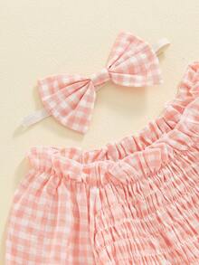 Infant Baby Girls Romper Ruffle Sleeve Pleated Smocked Bubble Plaid One Piece Ruched Jumpsuit Spring Fall Bodysuit - Rosa - Ver 3