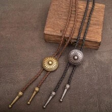 1pc Vintage Bolo Tie Long Necklace, Western Style Round Patterned Pendant