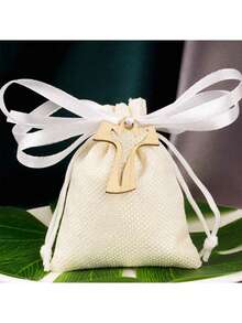 24pcs 10x8cm Burlap Bags Packaging, 24pcs Cross Wood Boards, Multicolored Paper Confetti, Silk Ribbons, Baptism Wedding Decorations - White - View 2