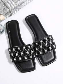 Women's One-Toe Rhinestone Sandals, Casual All-Match Outdoor Plastic Flat Slippers - Black - View 2