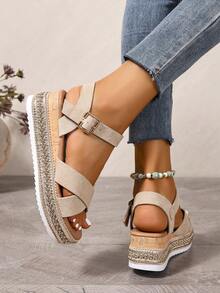 女士厚底坡跟凉鞋，2024春夏新款时尚休闲沙滩鞋 - 米色 - 查看 6