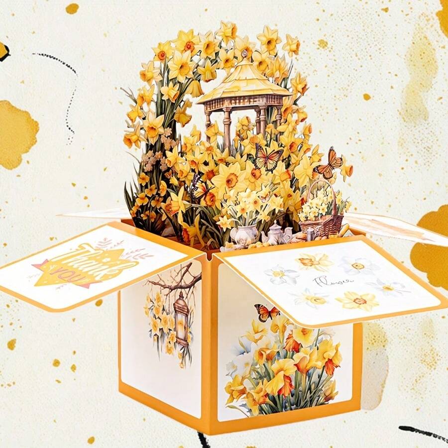 1 felicitare pop-up 3D cu imprimeu floral galben, potrivită pentru Ziua Mamei, ziua de naștere, aniversare (include plic și hârtie goală)