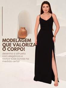 Long Plain Dress With Slit And Adjustable Straps For Wedding Party Bridesmaid Guest - Black - View 2