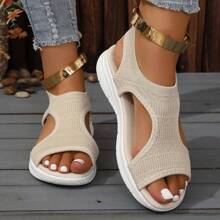 Sandalias deportivas de punto, sandalias con suela gruesa en blanco y negro, sandalias de estilo bohemio de patchwork y calado, estilo casual de vacaciones para mujer, sandalias de playa de verano con suela blanda