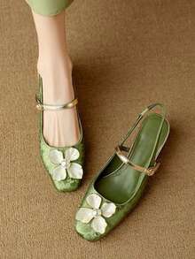 Pearl Camellia Bow Slide Sandals, Women Summer French Retro Faux Leather Mid Heel Mules - Green - View 2
