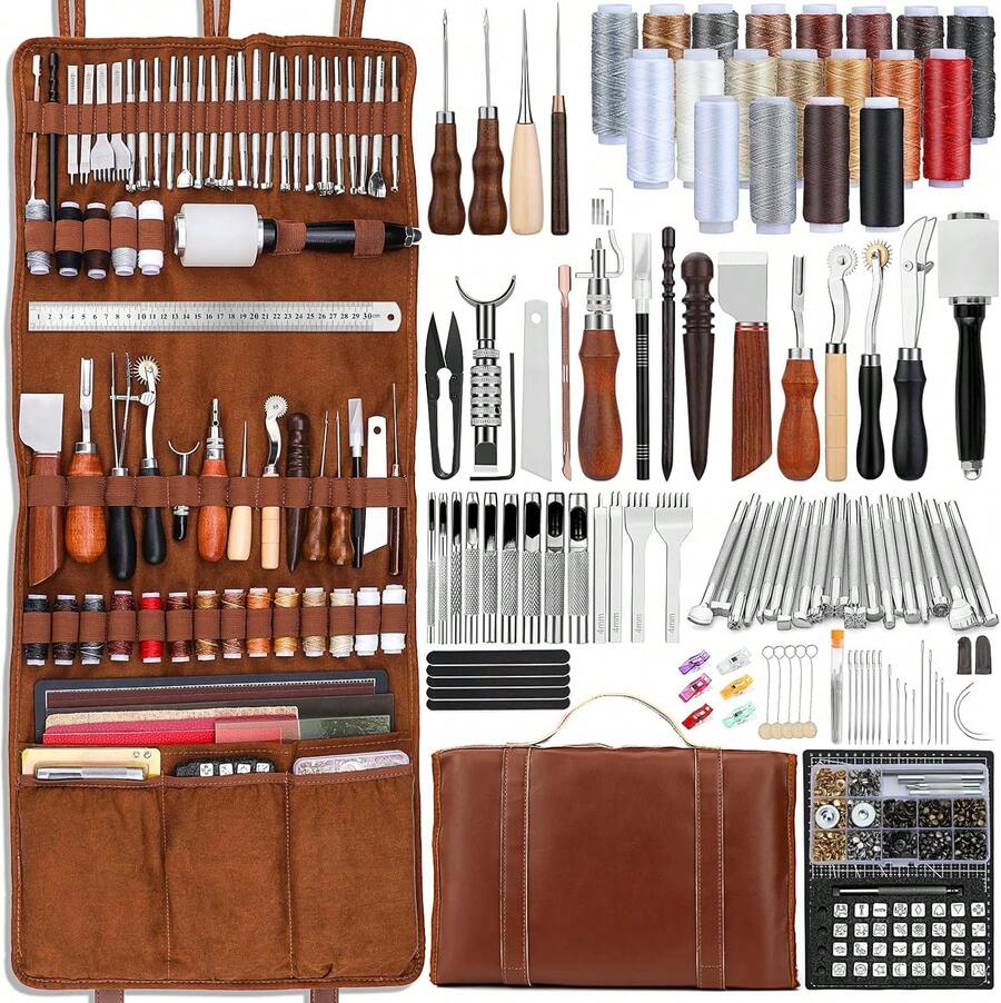 1Set Professional Leather Tooling Kit Leather Craft Tools Leather Working Kit With Custom Handbag Cutting Mats Engraving Punching Sewing Stamping Sanding Tools Leather Tools For Leather Working - 彩色 - 查看 1