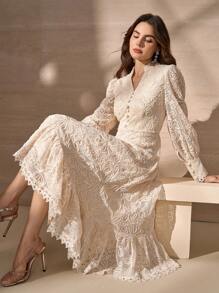 Elegant Stand Collar Button Decor Lantern Sleeve A-Line Dress