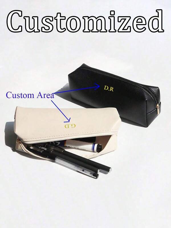 Customized 1pc PU Leather Business Office Pencil Case Box Simple Student Zipper Pen Holder Engrave Initials Make Up Brushes Organizer Cosmetic Storage Bag