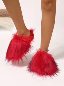 Women's Furry Slippers, Solid Color Animal Print, Sexy & Cute, Outdoor Fabric Faux Fur Splice, Girls Lovely Slippers For Holiday, Party, Home, Spring/Autumn/Winter