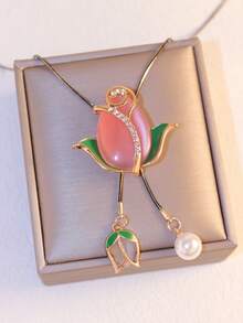 1pc Fashion Long Necklace With Pink Cat Eye Tulip Pendant, Versatile - Pink - View 6