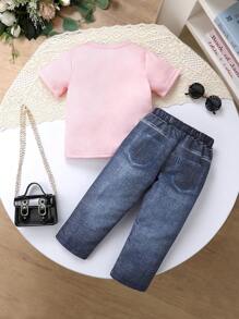 Set de 2 piezas, Conjunto adorable para niñas, de tela suave, transpirable y cómoda, con estampado de personajes de dibujos animados en la parte superior de cuello redondo y manga corta, y pantalones largos con gráfico de corazón, adecuado para uso casual, diario, vacaciones y fiesta