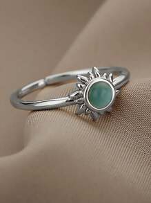 1pc Stylish Gold Stainless Steel Sun & Blue Cat Eye Stone Open Ring For Women Party Jewelry Gift