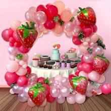 128 Teile Set, Erdbeeren Party Deko Ballon Girlande Bogen Set, rot, hellrosa, orange Ballons, Erdbeeren Folienballon, geeignet für Erdbeeren Geburtstags-, Hochzeits-, Jubiläums- oder Verlobungsparty