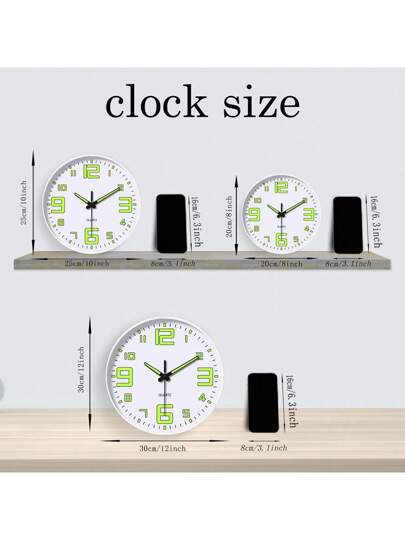 1pc Moderne Luminous Wand Clock, 8/10/12 Inch Round Quiet Japanese Quartz Movement Sleek Zwart Groen Glow Digital Display Living Room, Bedroom, Dining Area Outdoor Battery Operated (AA Not Included), Klok Room Home Back To School Supplies view 3